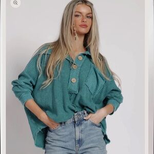 Blue Buttercup Teal Mineral Washed Waffle Oversized Top